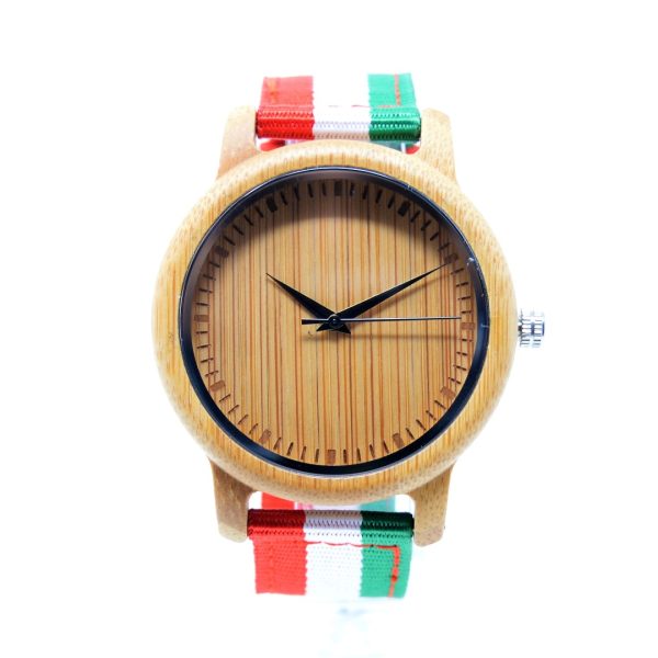 Reloj de madera de bambú con correa de banderas México e Italia