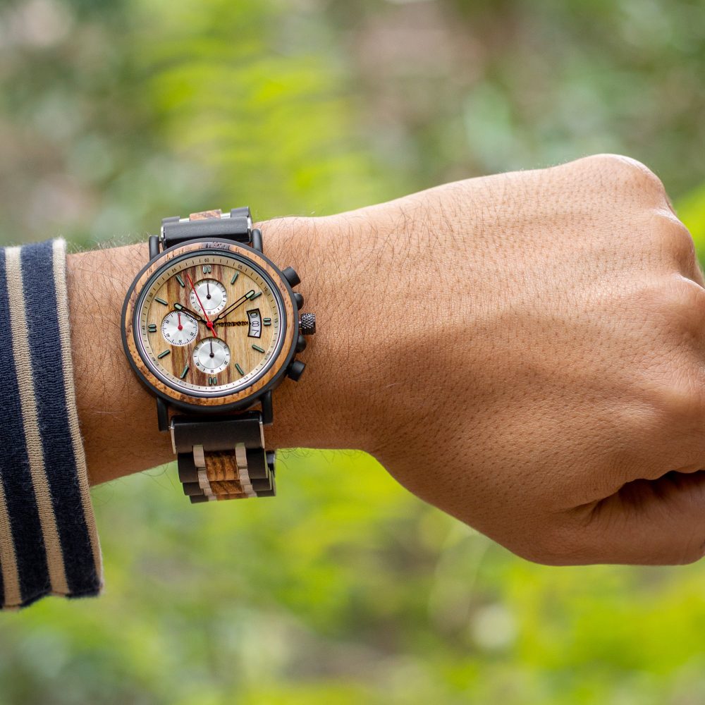 Reloj en madera de Zebrano y Acero Negro con cronógrafo Yosemite - Image 9
