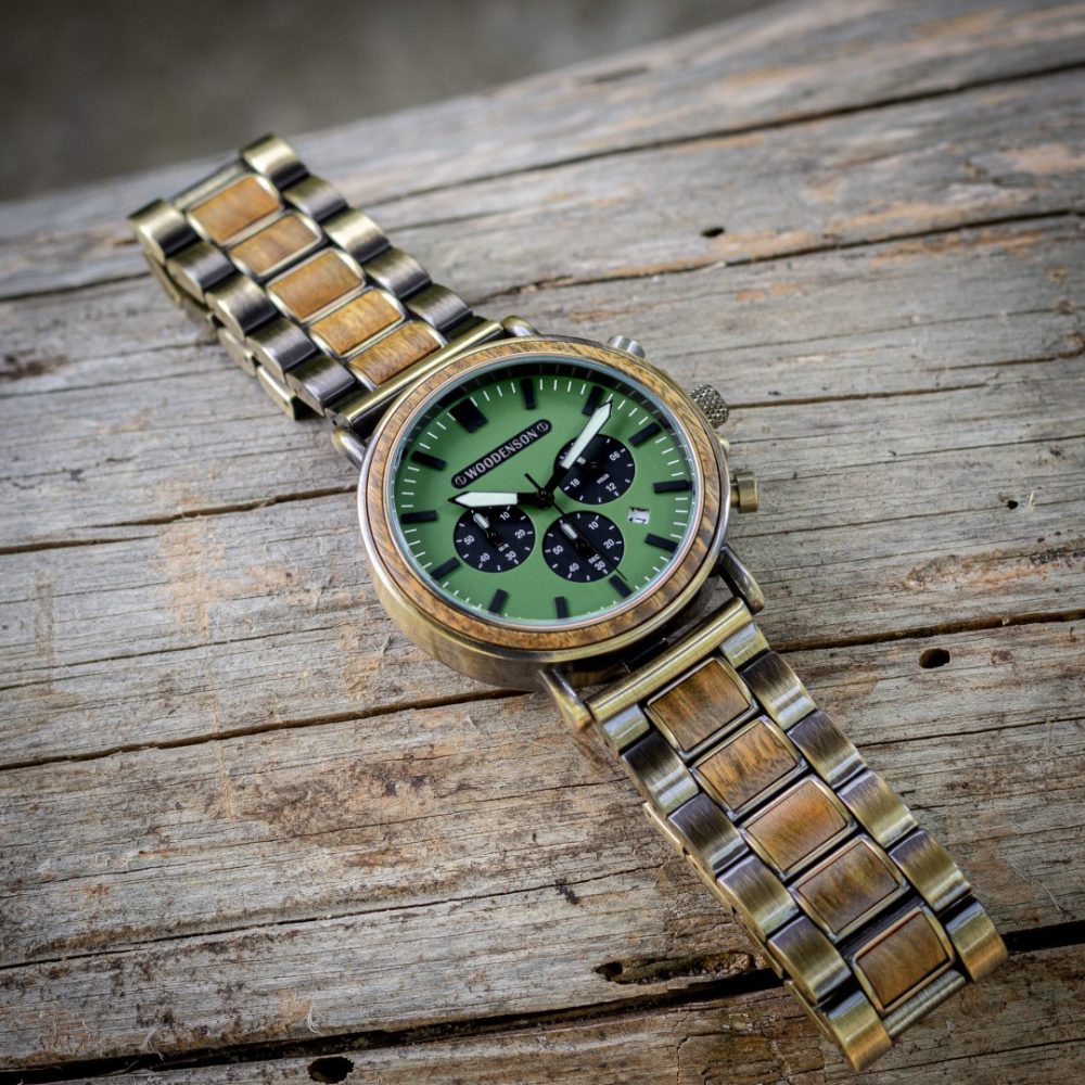 Reloj de madera de sándalo verde y acero Jaya - Image 3