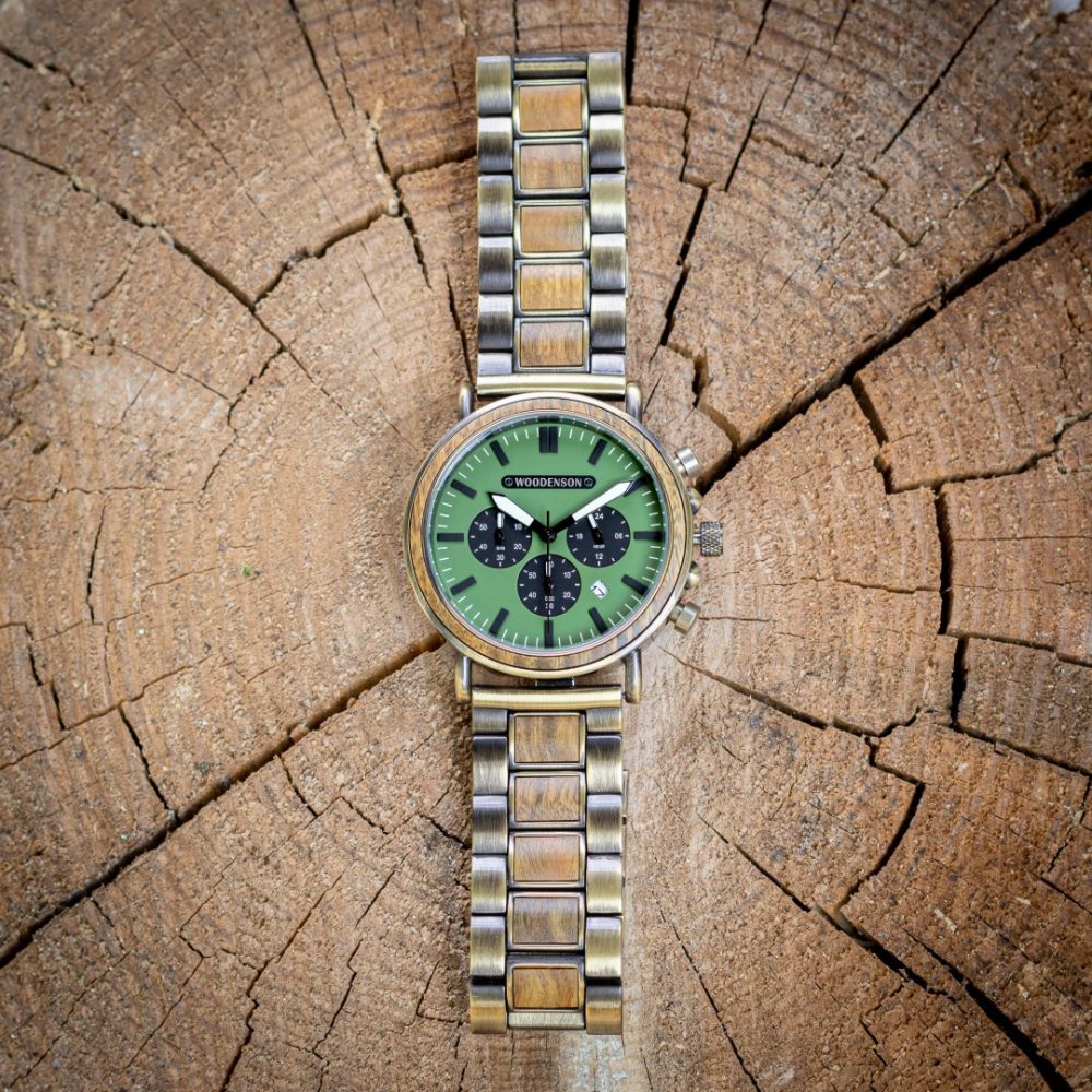Reloj de madera de sándalo verde y acero Jaya - Image 6
